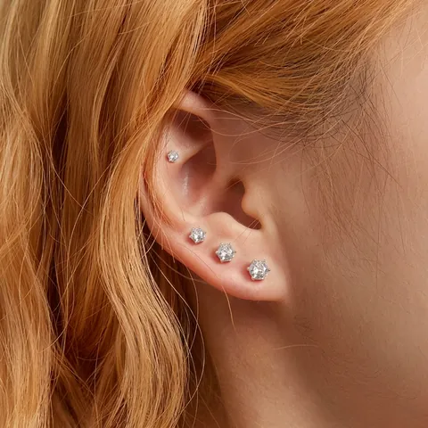 925 Sterling Silver Earring Post Zircon Stud Earrings Six Prong Round Cut Platinum Plated Minimalist Women