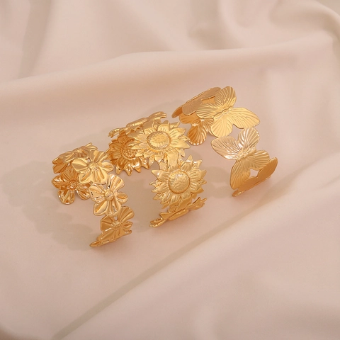 Stainless Steel Cuff Bracelets Hollow Out Flower Butterfly Sunflower Geometric Unique Exaggerated Luxury For Women