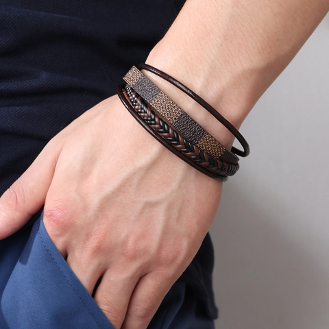 Bracciale Multistrato In Pelle PU Intrecciata Da Uomo Motivo A Scacchi Moda Minimalista Con Chiusura Magnetica
