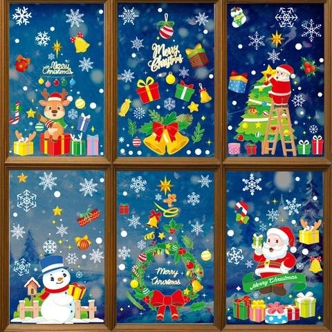 Christmas Window Stickers PVC Static Cling Double Sided Santa Reindeer Snowman Snowflakes Festive Glass Party Decor