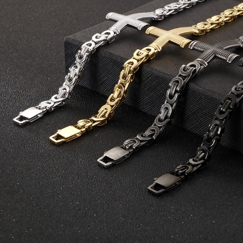 Bracelet Chaîne Byzantine Pour Hommes Acier Inoxydable Croix Texturée Religieuse Bijoux Style Vintage Punk Gothique