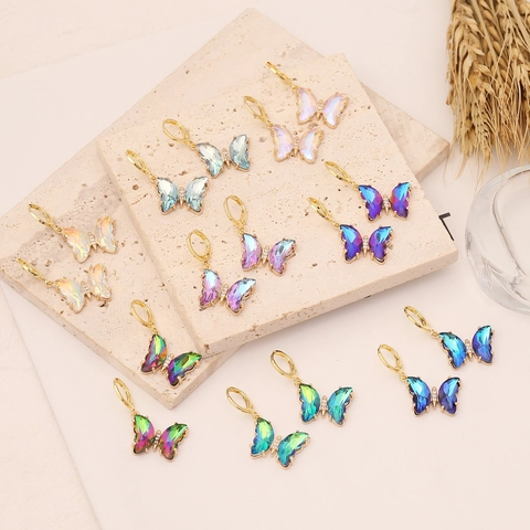 Butterfly Hoop Earrings For Women Gradient Glass Crystal Wings Copper Leverback With Zircon Elegant Aesthetic Jewelry