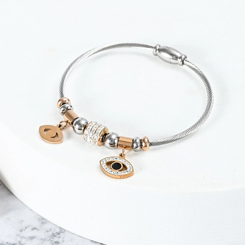 Pulsera Ojo Turco Acero Inoxidable Cable Strass Brazalete Cierre Magnético Joyería De Moda Para Mujeres