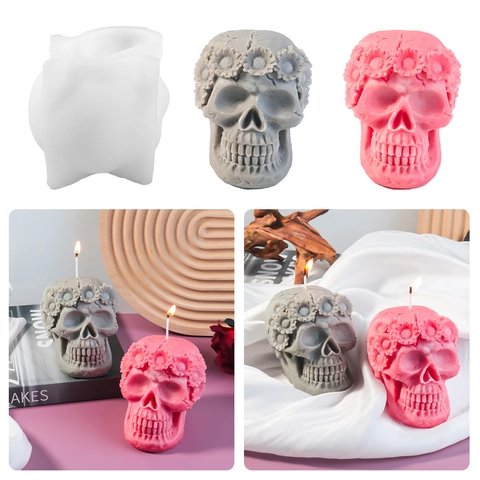 Skull Silicone Mold With Floral Wreath Garland DIY Halloween Aromatherapy Candle Gypsum Resin Craft Gothic Home Decor