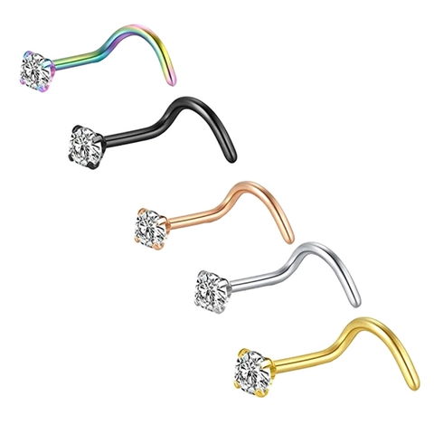 Piercing De Nariz De Acero Inoxidable Circonita Cúbica Curva En Forma De L Joyería De Piercing Corporal Redondo 4-Prong Hipoalergénico Varios Colores