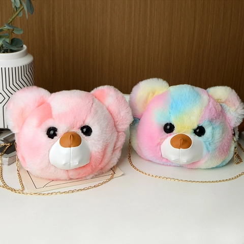 Cartoon Bear Head Crossbody Bag Plush Faux Fur Macaron Tie Dye Gradient Metal Chain Shoulder Purse For Women Girls
