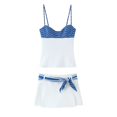 Blue White Stripe Camisole Top And A Line Mini Skirt With Bow Belt Cotton Polyester Streetwear Summer Clothing