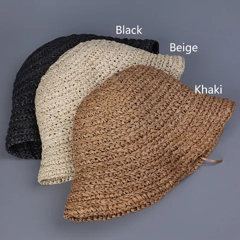 Women Handcrafted Straw Bucket Hat Foldable Paper Summer Beach Sun Protection Breathable Solid Color Fashion