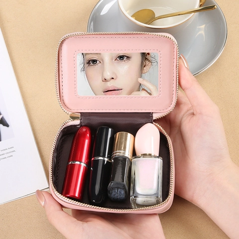 Mini Sac À Maquillage Matelassé En Cuir PU Avec Miroir Porte-Clés Motif Losanges Rangement Portable Pour Gloss À Lèvres