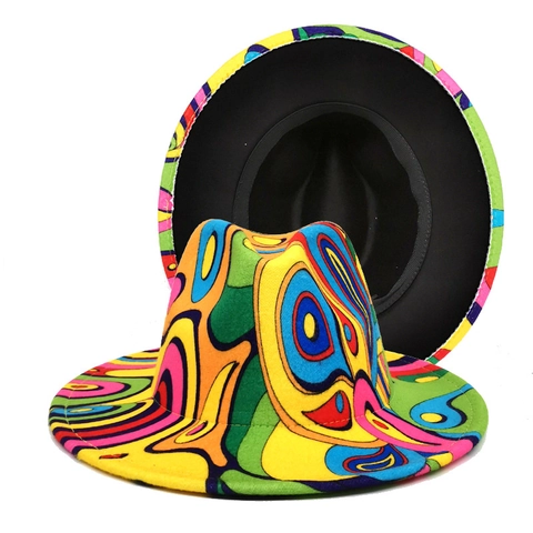 Fedora Hat Woolen Felt Digital Print Colorful Graffiti Pattern Wide Brim Jazz Top Hat For Men Women Fashion
