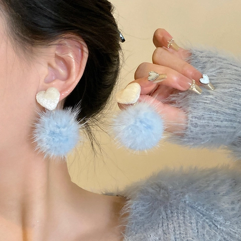 Stoff Herz Kunstfell Bommel Ohrhänger Mit 925 Sterling Silber Ohrstecker Herbst Winter Süßer Schmuck Für Damen