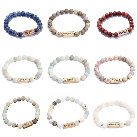Natural Stone Beaded Bracelet With Alloy Engraved Inspirational Plate Elastic Bohemian Jewelry For Women And Men