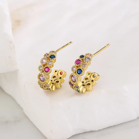 French Style Elegant Copper Earrings 18K Gold Plated Micro Inlaid Zircon C Shaped Hoop Studs For Women Fashion Jewelry