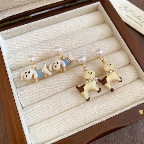 Pendientes Colgantes Perro Lindo Con Perla Artificial Circón Aleación Y Poste Plata Esterlina 925 Joyería Estilo Dulce Para Mujeres