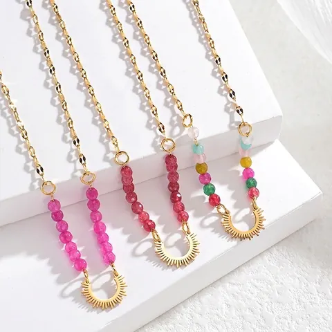 Collana con Ciondolo a Sole in Acciaio Inossidabile Minimalista da Donna Gioielli con Perline Colorate Bohemienne Placcati in Oro con Strass