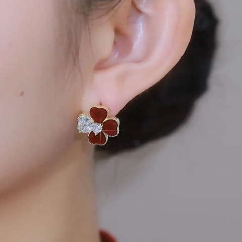 Orecchini Fiore Cuore Rosso Rame Placcato Oro Zircone Stile Corte Vintage Con Perno In Argento Per Donna Gioielli Eleganti
