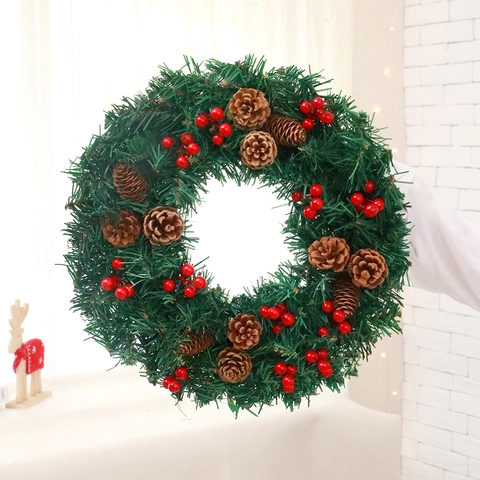 Corona De Navidad Con Luces LED Piñas Bayas Rojas Para Puerta Principal Decoración Del Hogar Navideña Agujas De Pino De PVC Artificiales