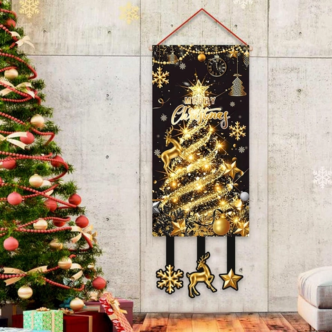 Vrolijk Kerstfeest Deur Banner Zwart Goud Polyester Hangende Vlag Met Rendier Sneeuwvlok Hangers Voor Huis Veranda Muur