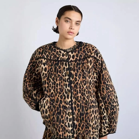 Veste Matelassée Léopard Femme Col Rond Manteau En Coton Léger Fermeture À Boutons Style Rétro Élégant Extérieur