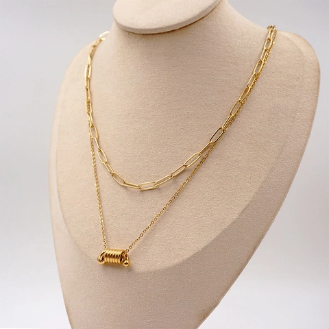 Collana a Doppio Strato in Acciaio al Titanio per Donna Minimalista Pendente a Spirale Geometrico Catena a Graffetta Oro Argento Gioielli