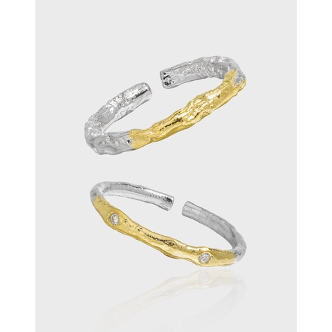 925 Sterling Silver Lava Texture Open Ring Set Gold Silver Two Tone Zirconia Inlaid Minimalist Niche Design Adjustable Ring