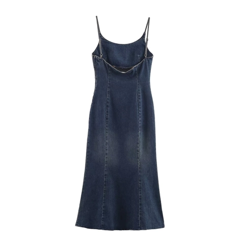 Washed Denim Kleid Spaghetti Träger Bodycon Midi Länge Slim Fit Retro Blau Ärmellos Elegant Style Für Frauen