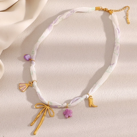18K Gold Plated Stainless Steel Bowknot Ribbon Pendant Necklace With Purple Floral Fabric Chain For Women Fashion Jewelry