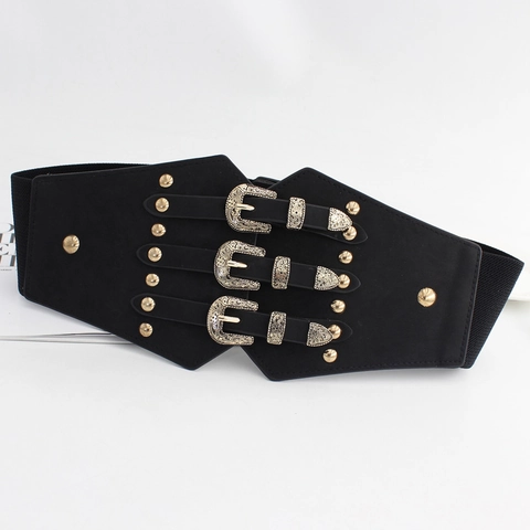 Vintage Breiter Korsett Gürtel Damen Retro Elastische Taille PU Leder Nieten Legierung Schnalle Mode Accessoire