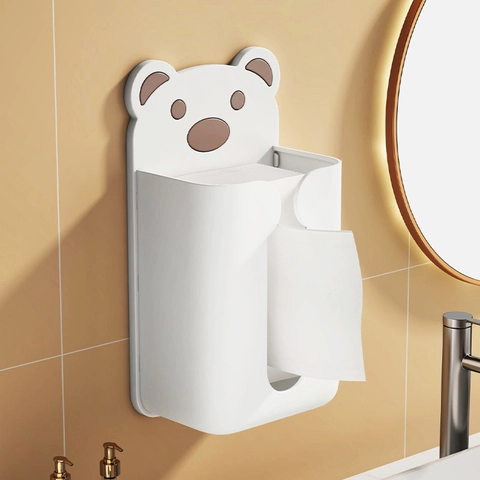 Wandmontage Tissue Box Kunststof Cartoon Beer Vorm Geen Boren Zelfklevende Houder Voor Badkamer Keuken Gezichtshanddoek Organizer