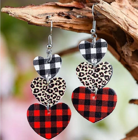 Valentinstag Wassertropfen Herz Ohrhänger PU Leder Karomuster Leopard Druck Böhmische Mode Eisen Haken Für Frauen