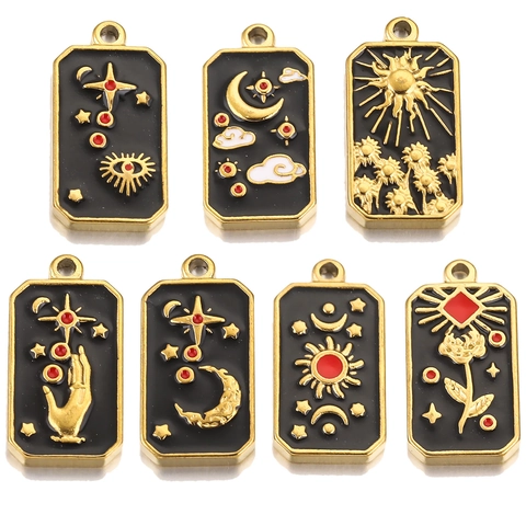 Tarotkarten Anhänger Edelstahl Vergoldet Emaille Himmlisch Mond Stern Sonne Hand Auge Rechteck DIY Schmuckzubehör