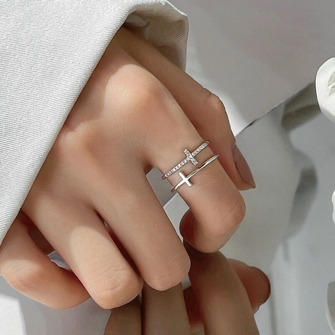 Korean Style Double Layer Cross Open Ring For Women Copper Rhinestone Minimalist Geometric Adjustable Finger Ring Jewelry