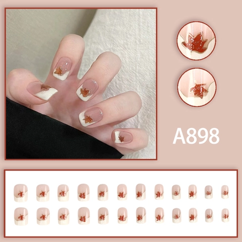 Press On Nails French Style White Tip Maple Leaf Gold Glitter Short Square False Nail Patches For Women DIY Manicure