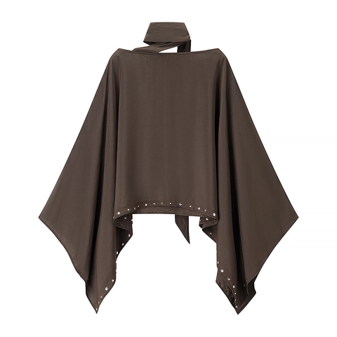 Women Halter Neck Tie Cape Top Sleeveless Metal Eyelet Rivet Hem Loose Fashion Brown Poncho Blouse
