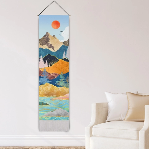Nordic Style Abstract Landscape Tapestry Hanging Wall Art Polyester Cotton Fabric With Tassels Wood Rod Scroll Decor
