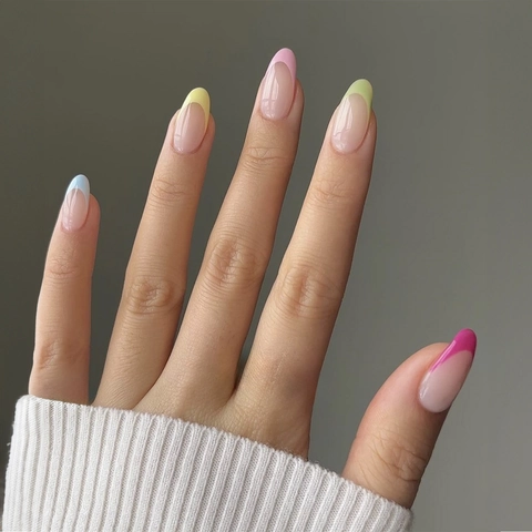 Unghie Finte A Mandorla French Tip Colorate Lucide Con Linguette Adesive E Lima Per Unghie Manicure DIY