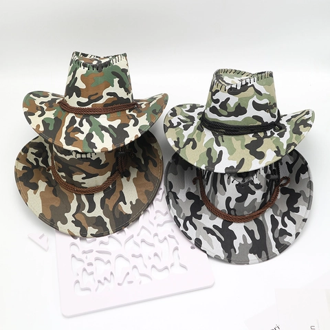 Camouflage Western Cowboy Hat Wide Brim Polyester Outdoor Sun Protection Jazz Hat With Adjustable Drawstring