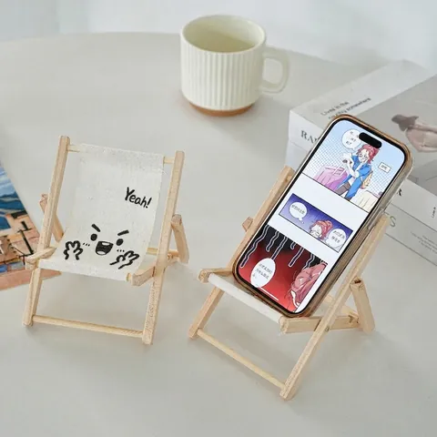 Mini Folding Beach Chair Phone Holder Wood And Canvas Portable Adjustable Stand Cute Desktop Ornament For Home Office
