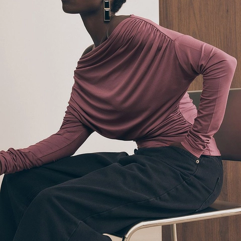 Dames Ruched T-Shirt Met Lange Mouwen Polyester Slim Fit Gedrapeerd Off Shoulder Effen Kleur Sexy Street Style Top