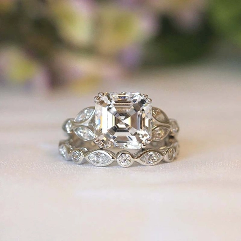 Square Cut Zircon Bridal Wedding Ring Marquise Round Side Stones Copper Jewelry Women Retro Luxury Elegant