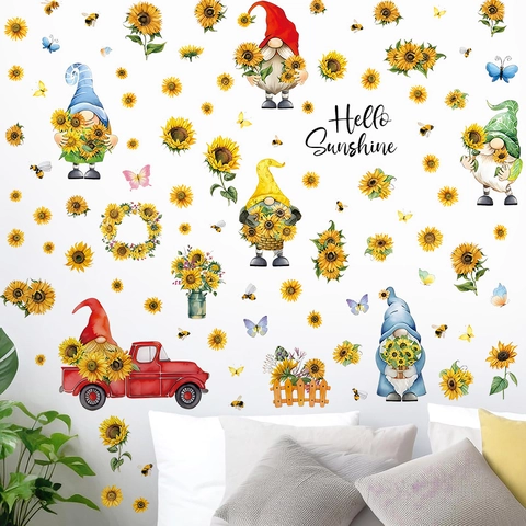 Pegatinas De Pared Girasol Gnomos PVC Granja Verano Decorativas Hogar Salón Dormitorio Floral Camión Rojo Hello Sunshine