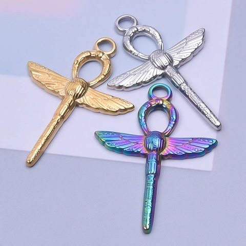Vintage Stainless Steel Egyptian Ankh Scarab Pendant Necklace For Women Wing Design Retro Jewelry Daily Party Gift