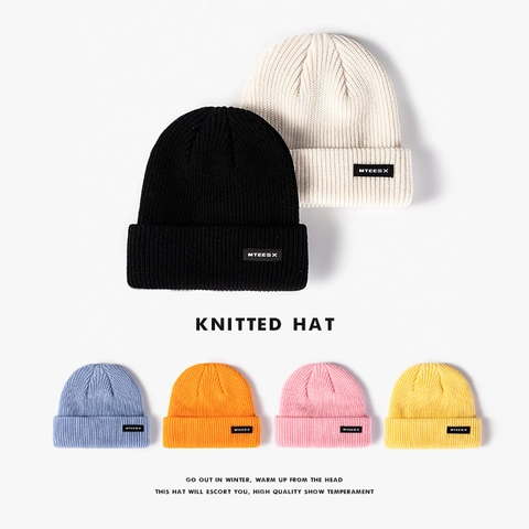 Knitted Beanie Hat Acrylic Warm Winter Ribbed Cuff With Letter Patch Casual Unisex Solid Color Skull Cap