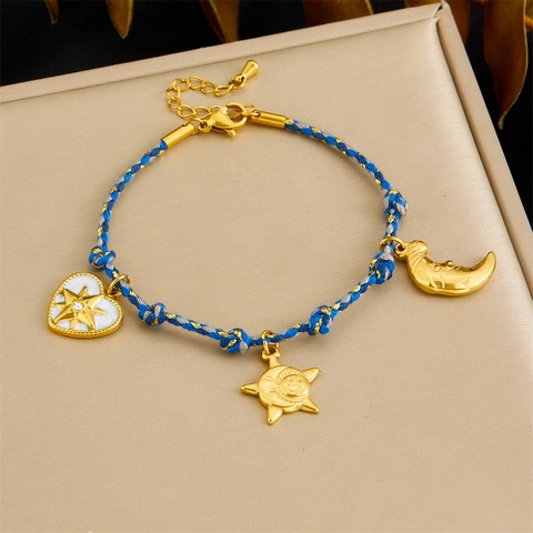 Bohemian Stainless Steel Woven Rope Charm Bracelet For Women With Gold Heart Sun Moon Pendants Adjustable Retro Fashion