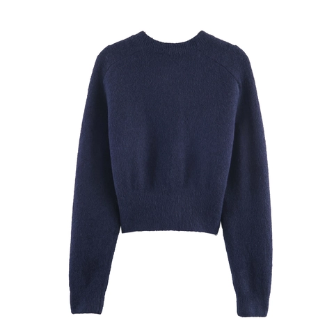 Women Plush Knitted Cardigan Soft Round Neck Long Sleeve Button Down Cropped Sweater Solid Color Navy Blue Sweet Style