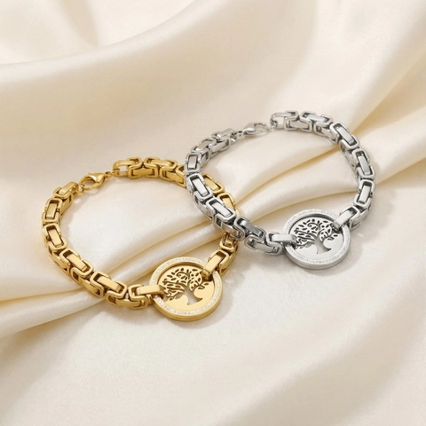 Bracciale Albero Della Vita In Acciaio Inossidabile Placcato Oro Catena Bizantina Da Donna Con Ciondolo Cavo In Zirconia Stile Vintage