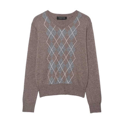Dames V Hals Argyle Gebreide Trui Wolmix Geometrisch Patroon Vintage Lange Mouwen Pullover