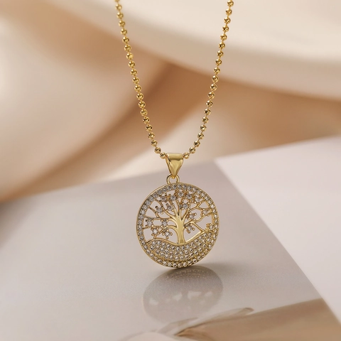 Collana Con Ciondolo Rotondo Zircone Rame Placcato Oro Albero Della Vita Testa Di Cavallo Vuoto Retrò Gioielli Donna