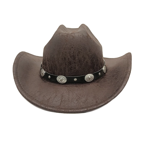 Chapeau De Cowboy Western Vintage Texture Craquelée Bord Large Polyester Similicuir Bande Rivets Métal Style Jazz Unisexe