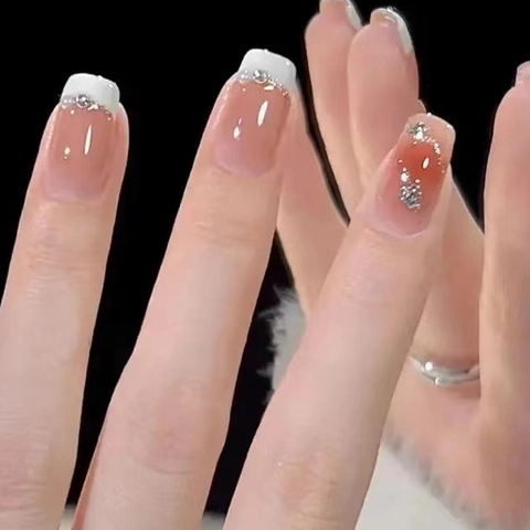 French Tip Press On Nails Gradient Pink Rhinestone Glitter Square Oval Wearable Manicure For Women Elegant Ins Style